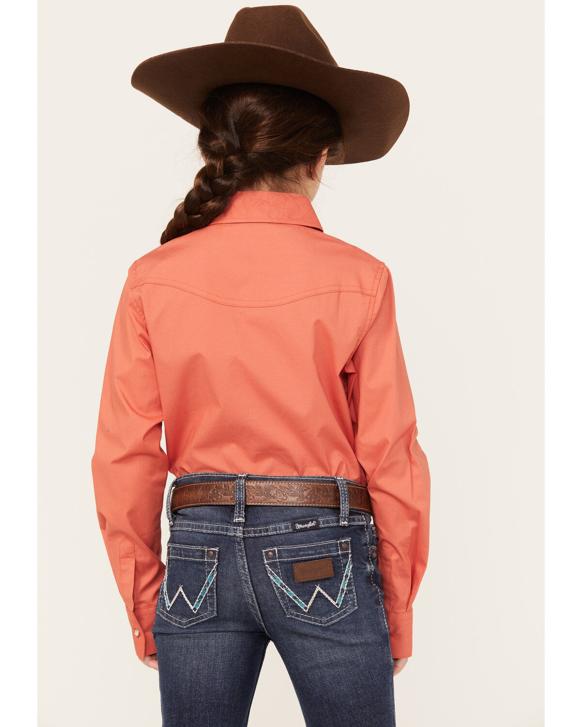 Image #4 - Shyanne Girls' Solid Long Sleeve Rhinestone Button-Down Stretch Western Riding Shirt, Brick Red, hi-res