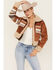 Image #1 - Cleo + Wolf Women's Cameron Southwestern Print Sweater Back Faux Suede Sherpa Lined Zip-Up Jacket , Caramel, hi-res