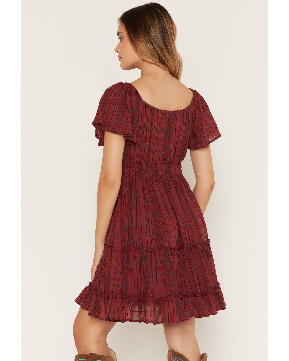 Image #4 - Wild Moss Women's Short Sleeve Lace Trim Tiered Mini Dress, Rose, hi-res