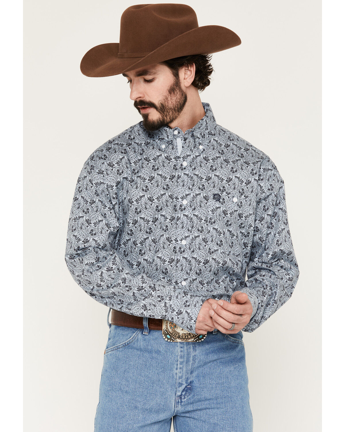 George Strait by Wrangler Men's Paisley Print Long Sleeve Button-Down Stretch Western Shirt, Blue, hi-res