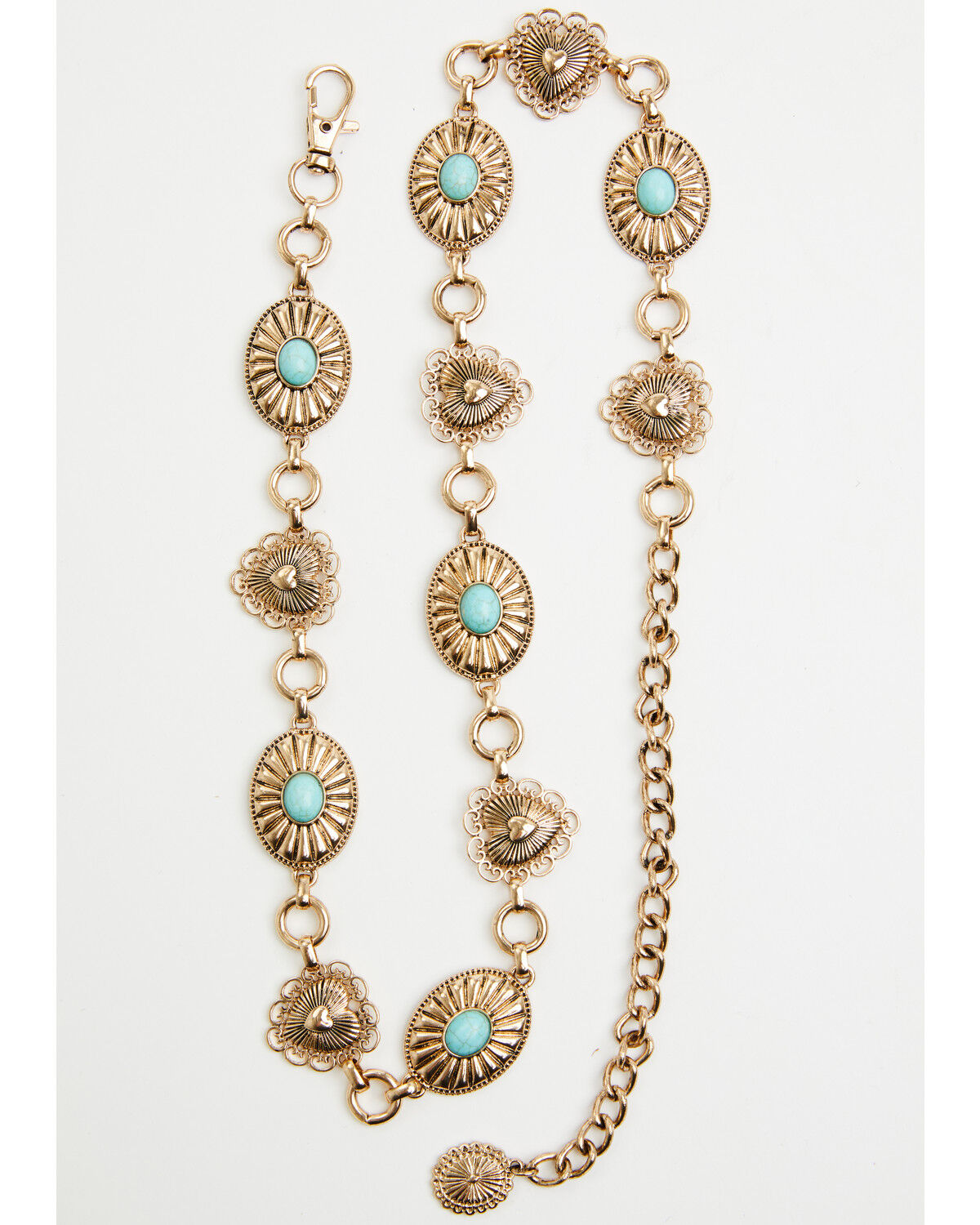 Shyanne Girls' Sunburst Heart Concho Chain Belt, Gold, hi-res