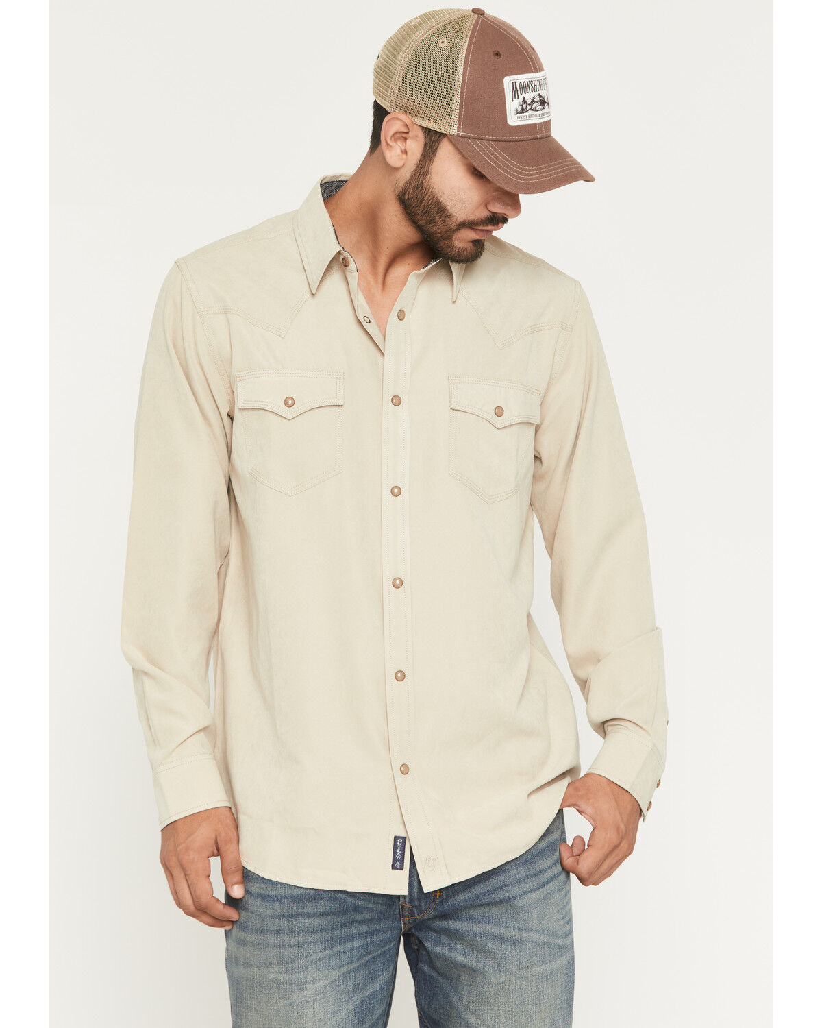 Moonshine Spirit&reg; Men's Side Stage Solid Suede Long Sleeve Snap Western Shirt, Tan, hi-res