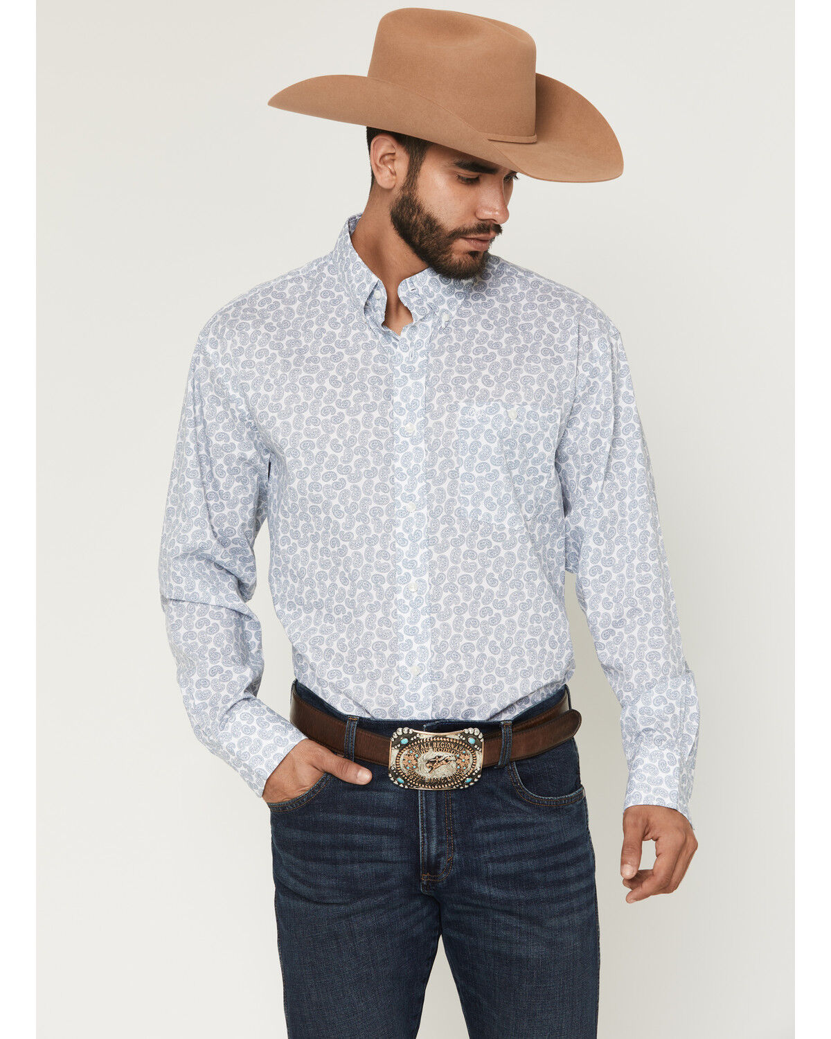 Wrangler Men's Paisley Print Long Sleeve Button-Down Stretch Western Shirt, White, hi-res
