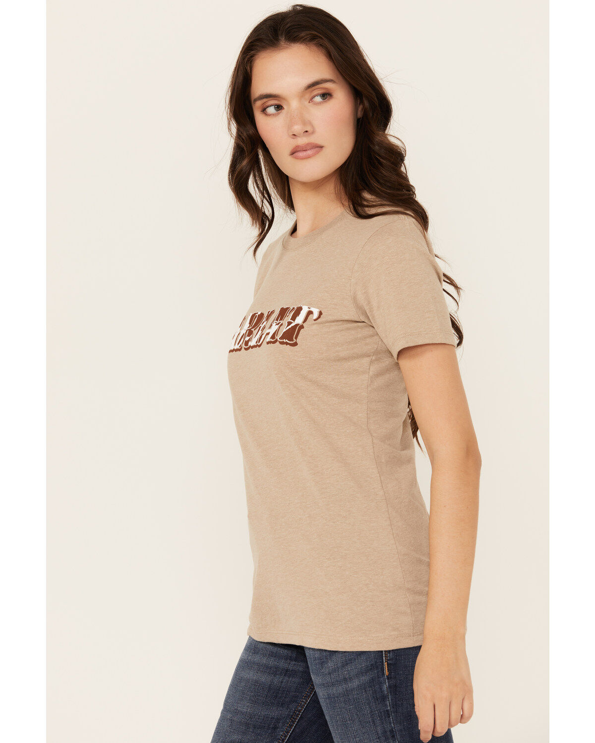 Image #2 - Ariat Women's Boot Barn Exclusive Cow Print Logo Short Sleeve Graphic Tee, Oatmeal, hi-res