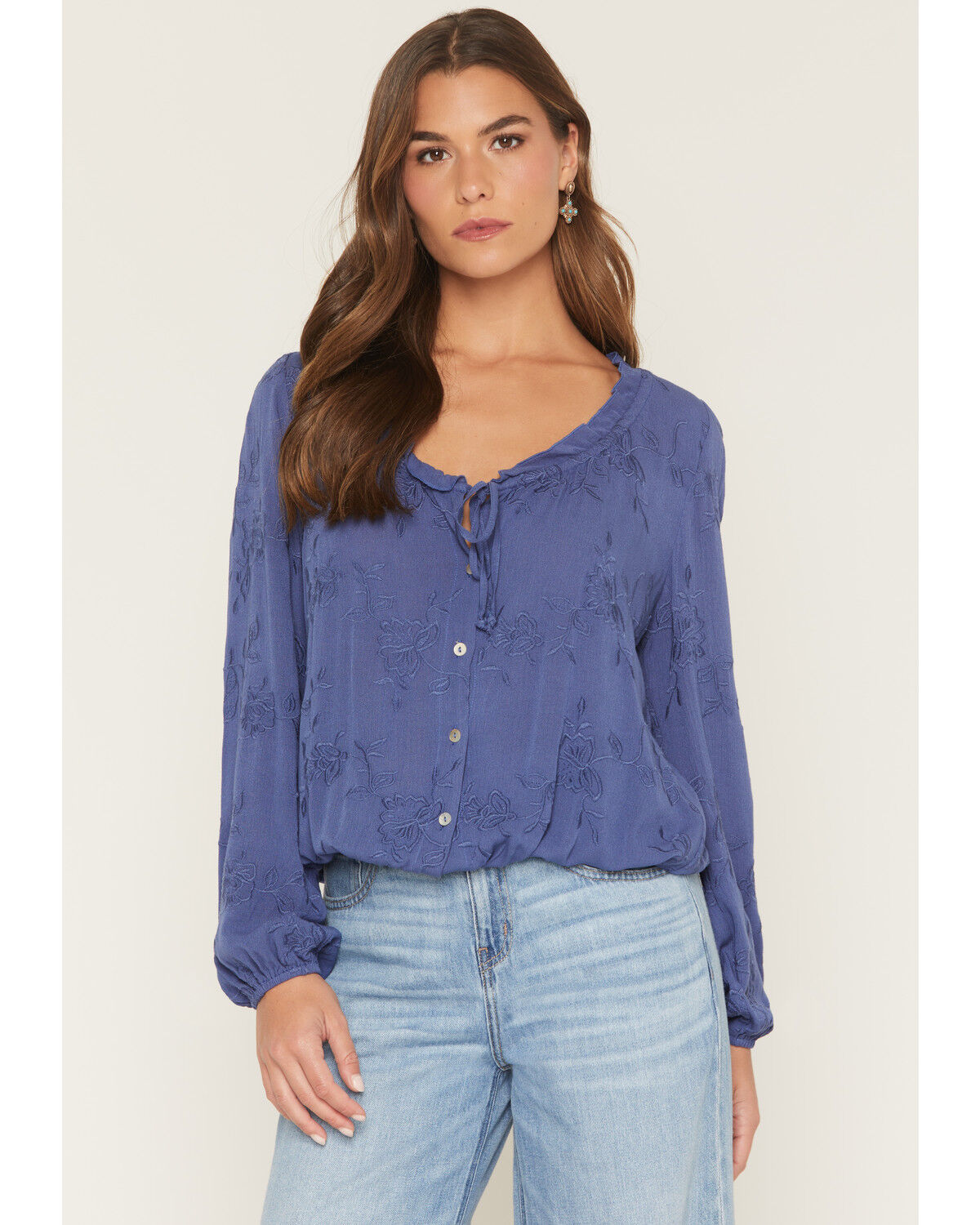 Image #1 - Wild Moss Women's Button-Front Embroidered Long Sleeve Peasant Top, Blue, hi-res