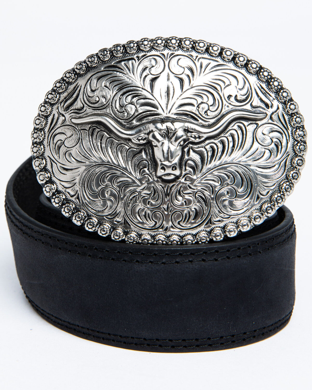 Cody James Boys' Longhorn Plaque Buckle Belt, Black, hi-res