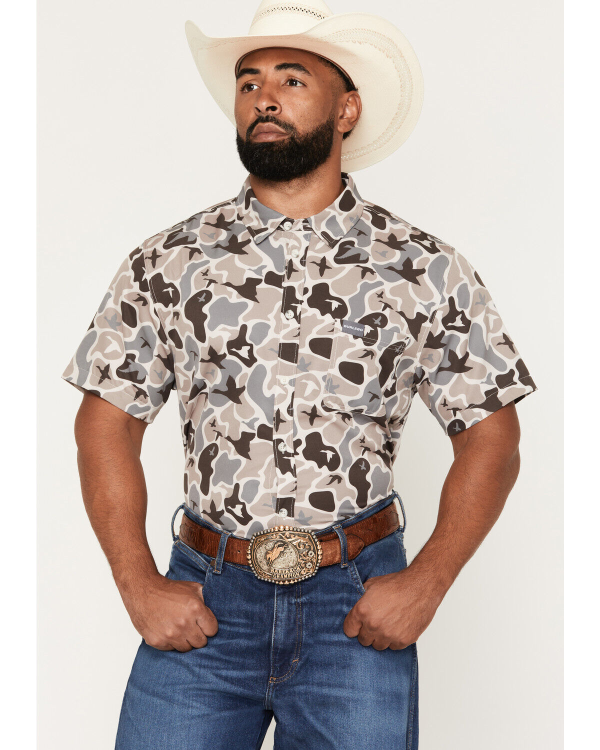 Image #1 - Burlebo Men's Mallard Camo Print Short Sleeve Button-Down Performance Western Shirt, Camouflage, hi-res
