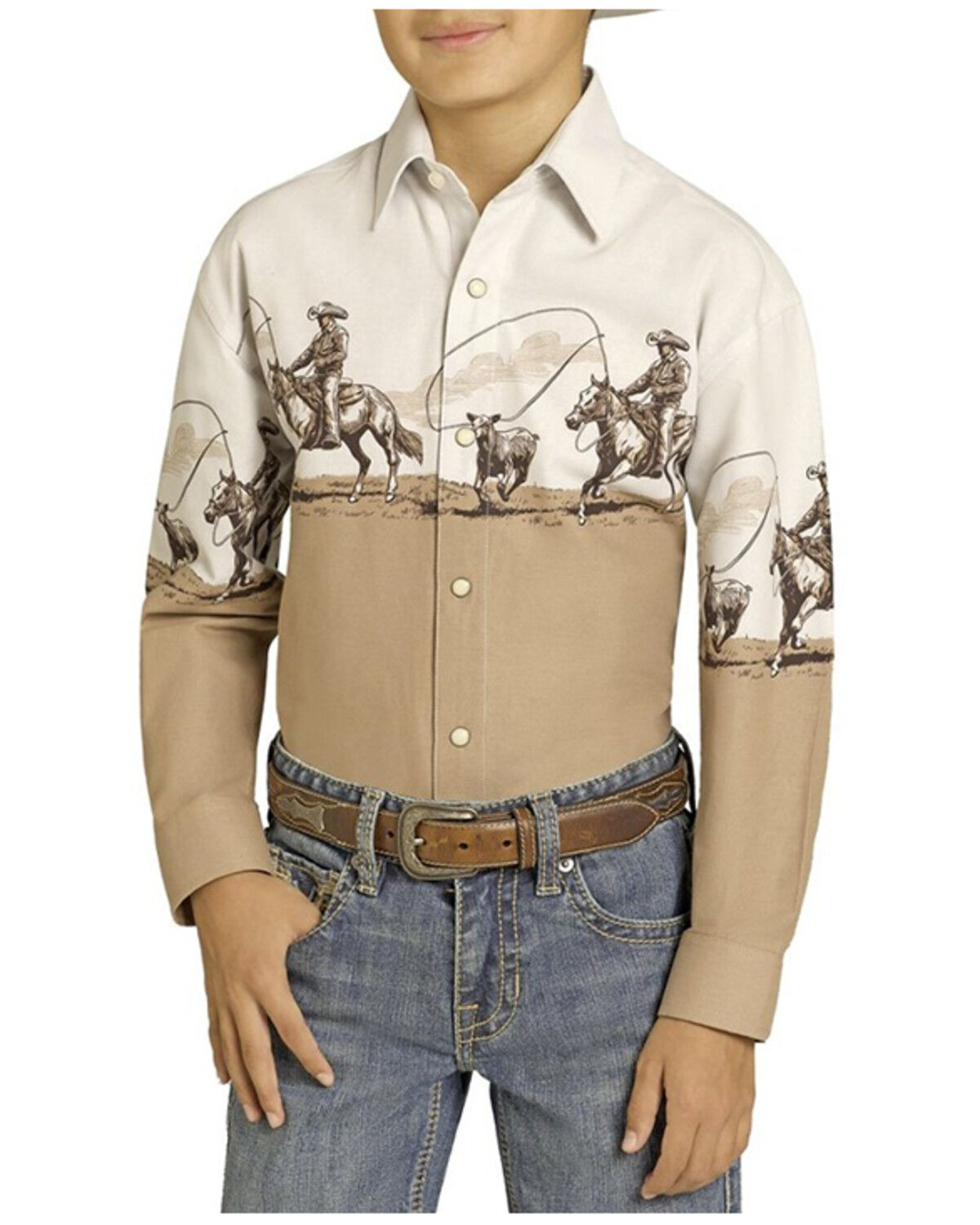 Image #1 - Panhandle Slim Boys' Cowboy Border Long Sleeve Snap Western Shirt, Tan, hi-res