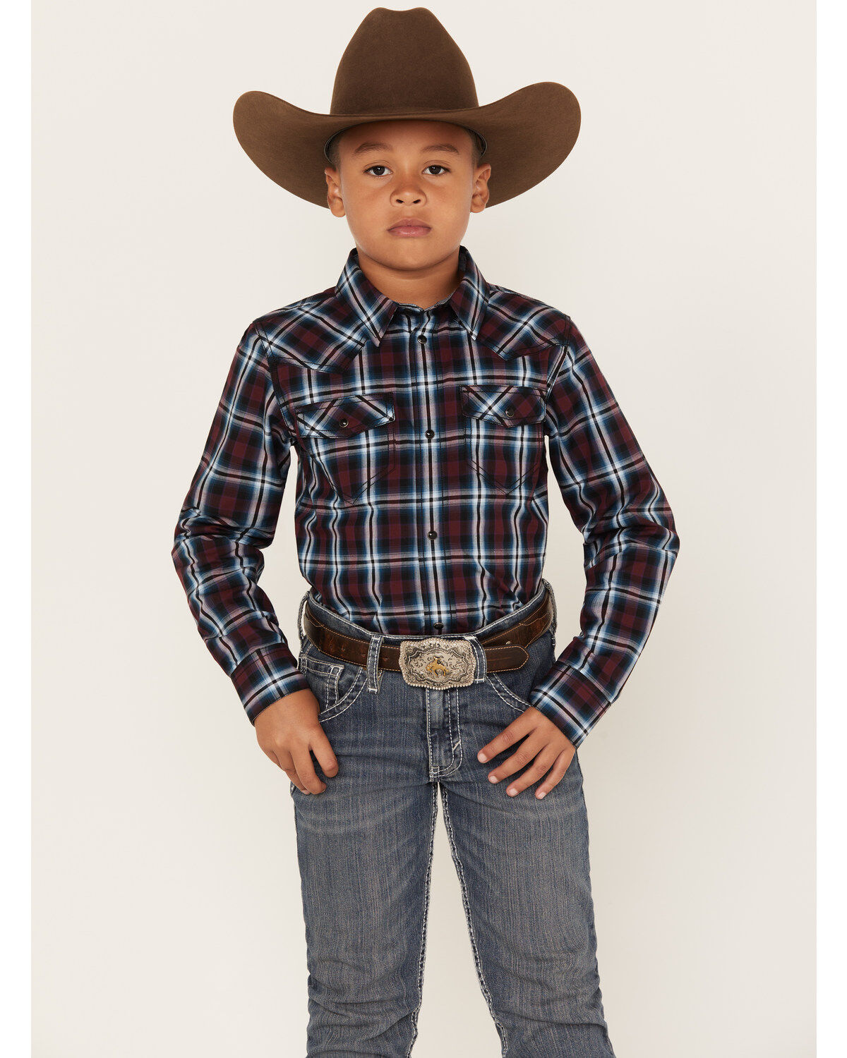 Image #1 - Cody James Boys' Plaid Print Long Sleeve Snap Western Shirt, Red, hi-res