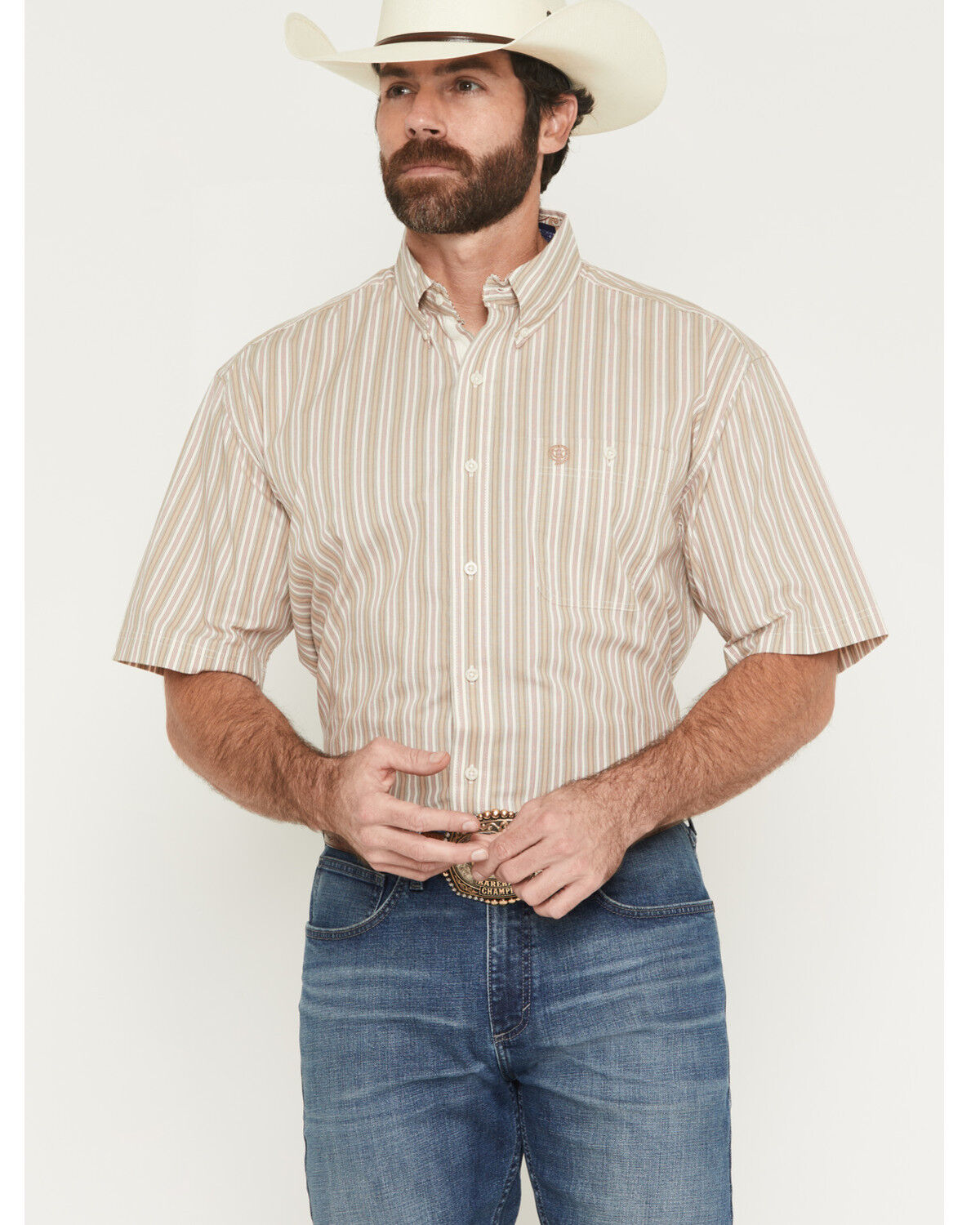 Image #1 - George Strait by Wrangler Men's Striped Short Sleeve Button-Down Stretch Western Shirt - Big, Tan, hi-res