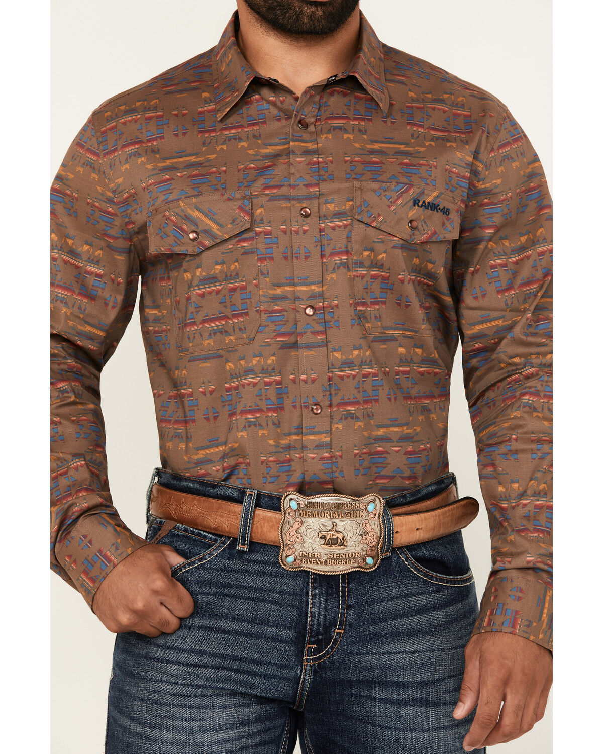 Image #3 - RANK 45&reg; Men's Trinidad Southwestern Print Long Sleeve Pearl Snap Stretch Western Shirt, Red, hi-res