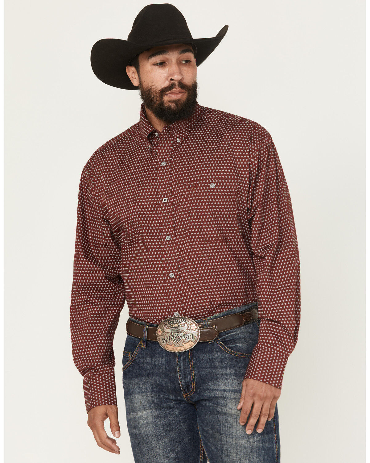Image #1 - George Strait by Wrangler Men's Medallion Print Long Sleeve Button-Down Stretch Western Shirt - Tall, Wine, hi-res