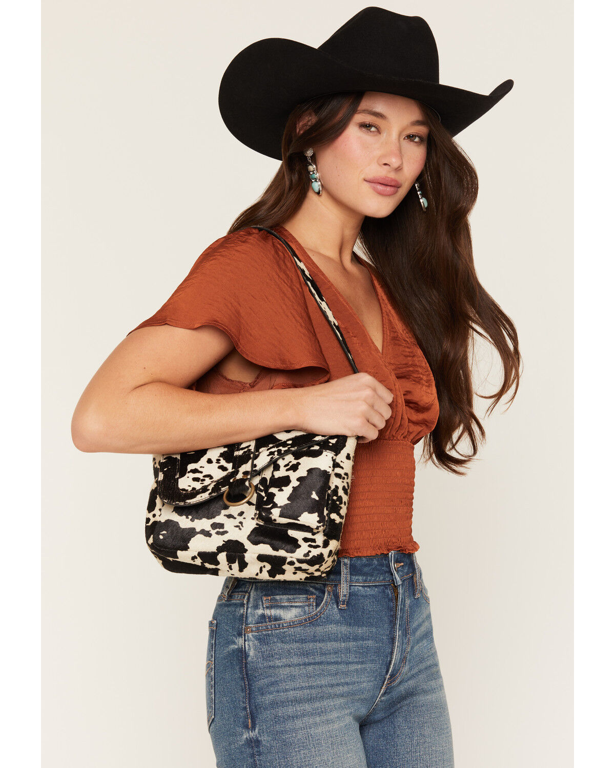 Shyanne Women's Sorrel Cow Print Shoulder Saddle Bag Purse, Black, hi-res