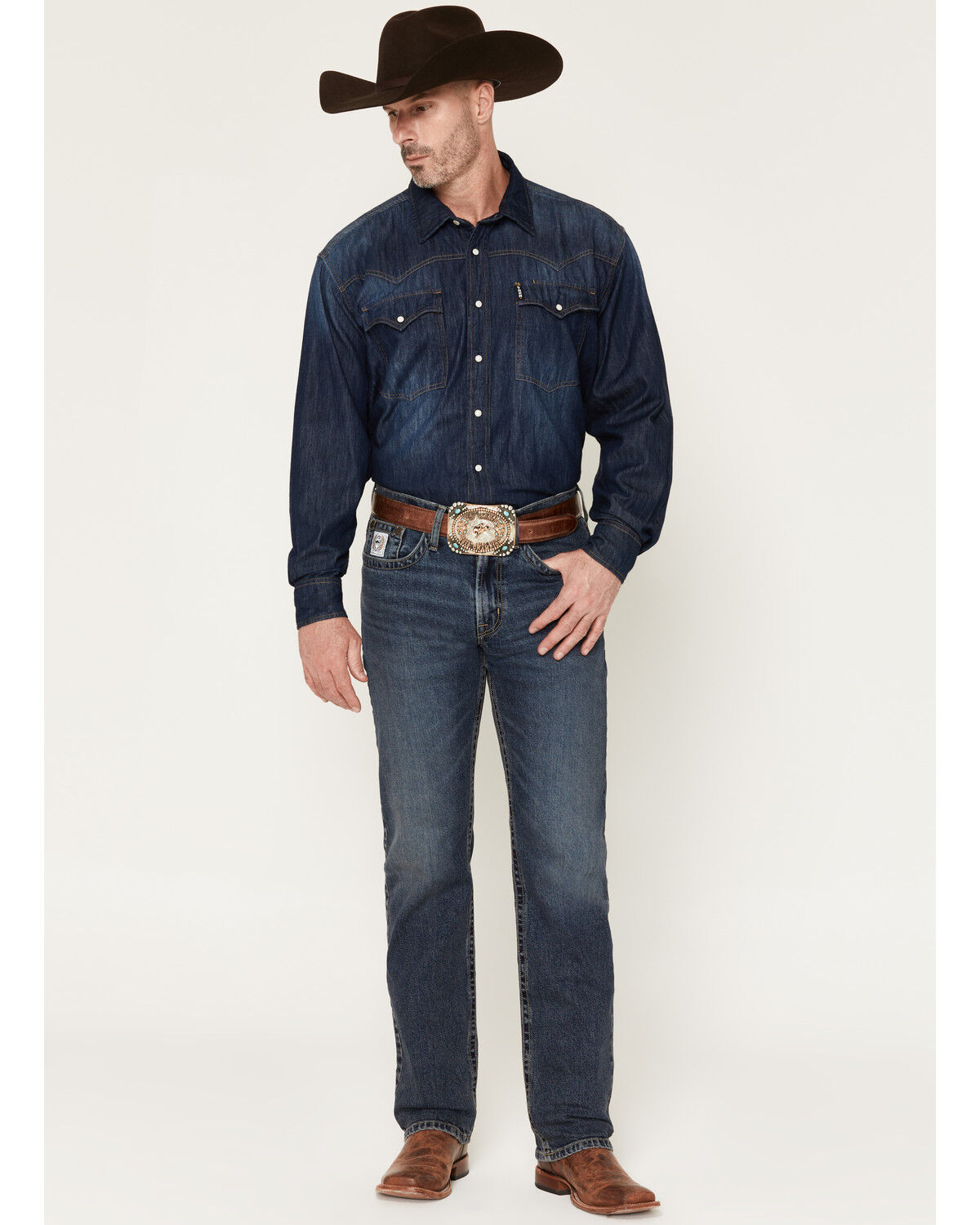 Cinch Men's White Label Dark Stonewash Relaxed Straight Performance Stretch Denim Jeans, Dark Wash, hi-res