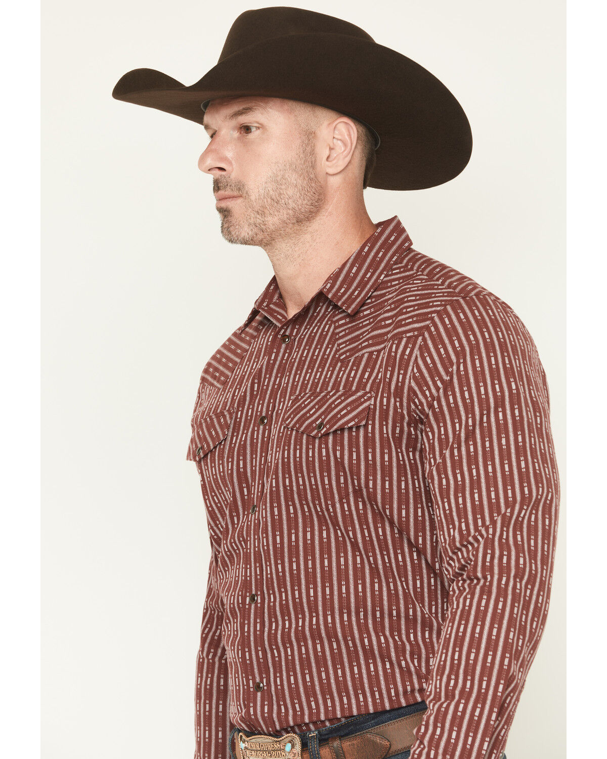 Image #2 - Gibson Trading Co Men's Buckshot Striped Print Long Sleeve Snap Stretch Western Shirt - Big, Burgundy, hi-res