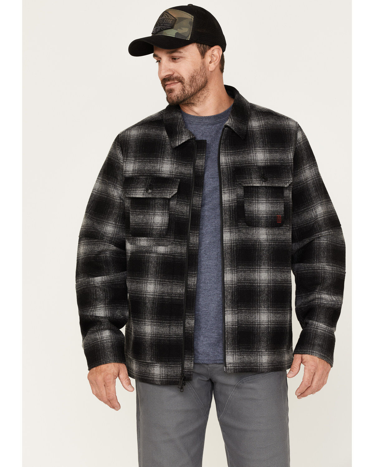 Brothers and Sons Men's Wool Full Zip Plaid Print Jacket, Black, hi-res