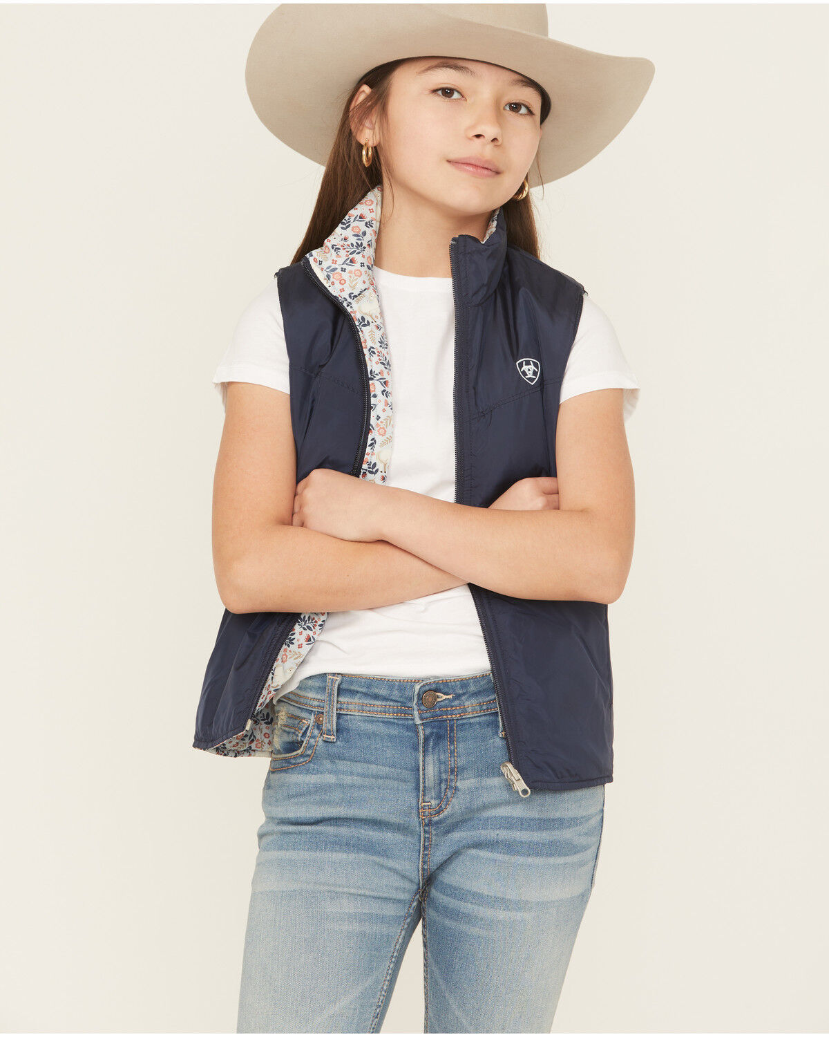 Image #2 - Ariat Girls' Reversible Vest, Navy, hi-res