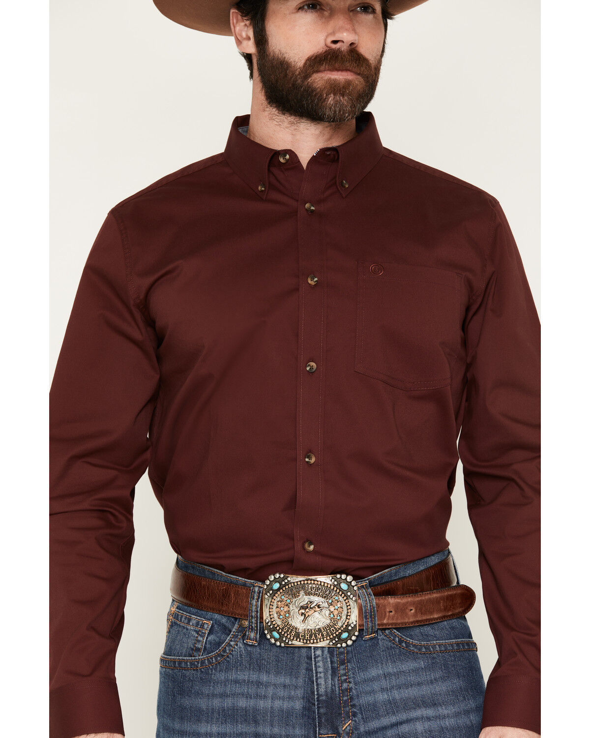 Image #3 - Cody James Men's Basic Solid Long Sleeve Button-Down Stretch Western Shirt, Wine, hi-res