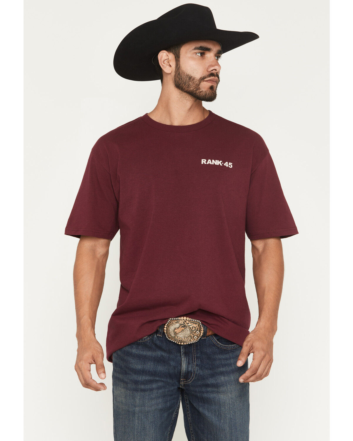 Image #2 - RANK 45&reg; Men's Half Steer Skull Logo Short Sleeve Graphic T-Shirt, Burgundy, hi-res