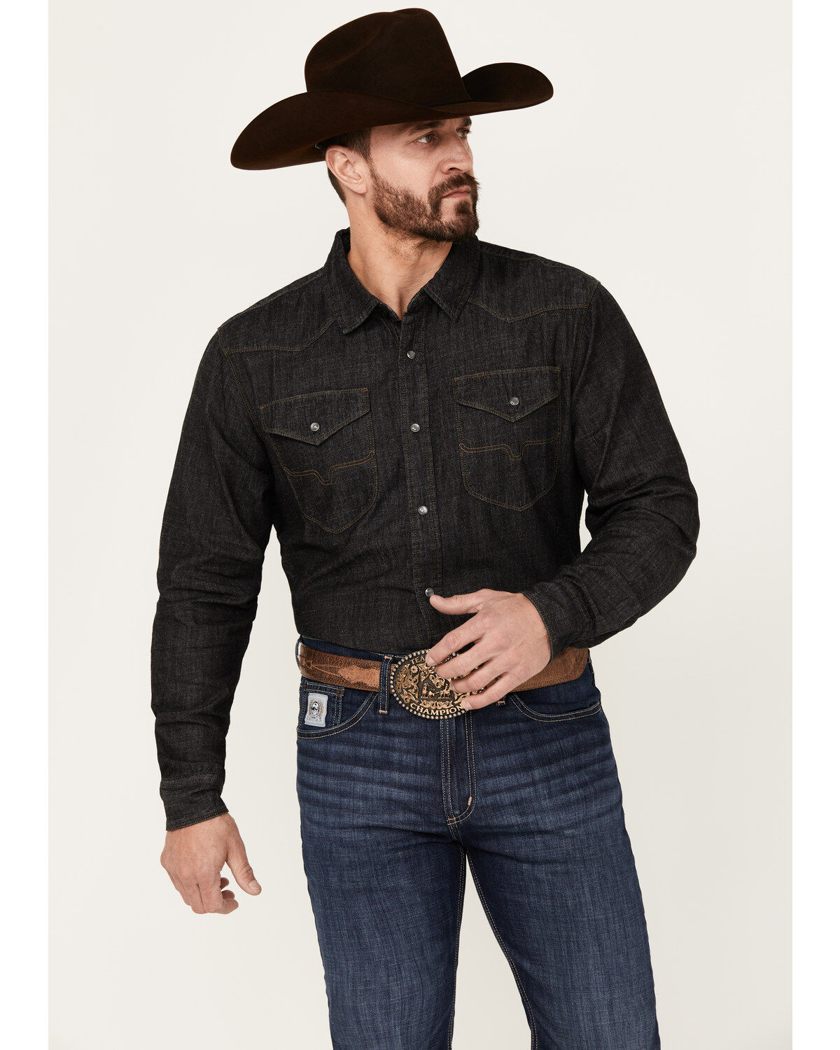 Image #1 - Kimes Ranch Men's Grimes Wash Denim Long Sleeve Pearl Snap Western Shirt, Black, hi-res