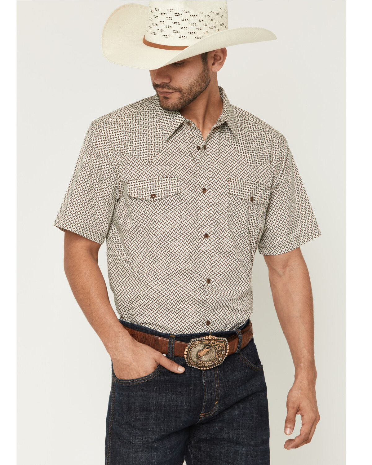 Gibson Trading Co Men's Sedona Tile Geo Print Short Sleeve Snap Western Shirt - Tall, Brown, hi-res