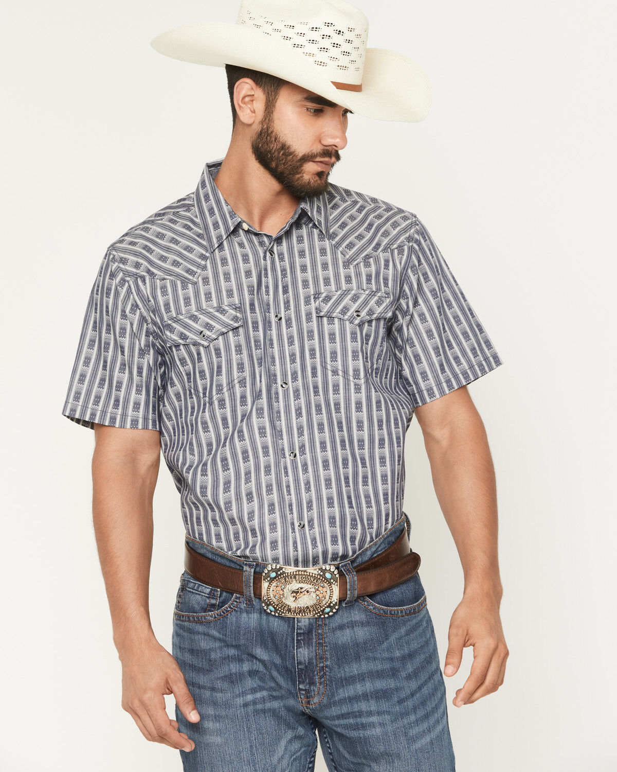 Cody James Men's Barrel Racer Southwestern Striped Print Long Sleeve Snap Western Shirt, Blue, hi-res