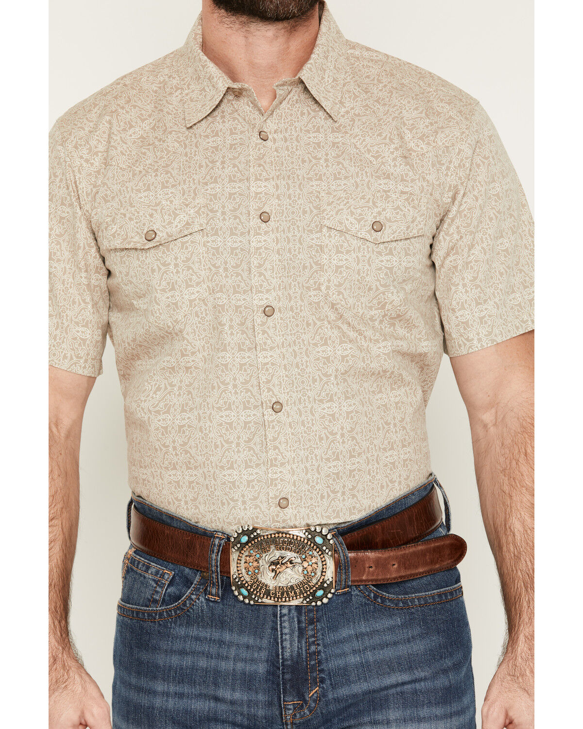 Image #3 - Gibson Trading Co Men's Timeless Medallion Print Short Sleeve Snap Western Shirt, Tan, hi-res
