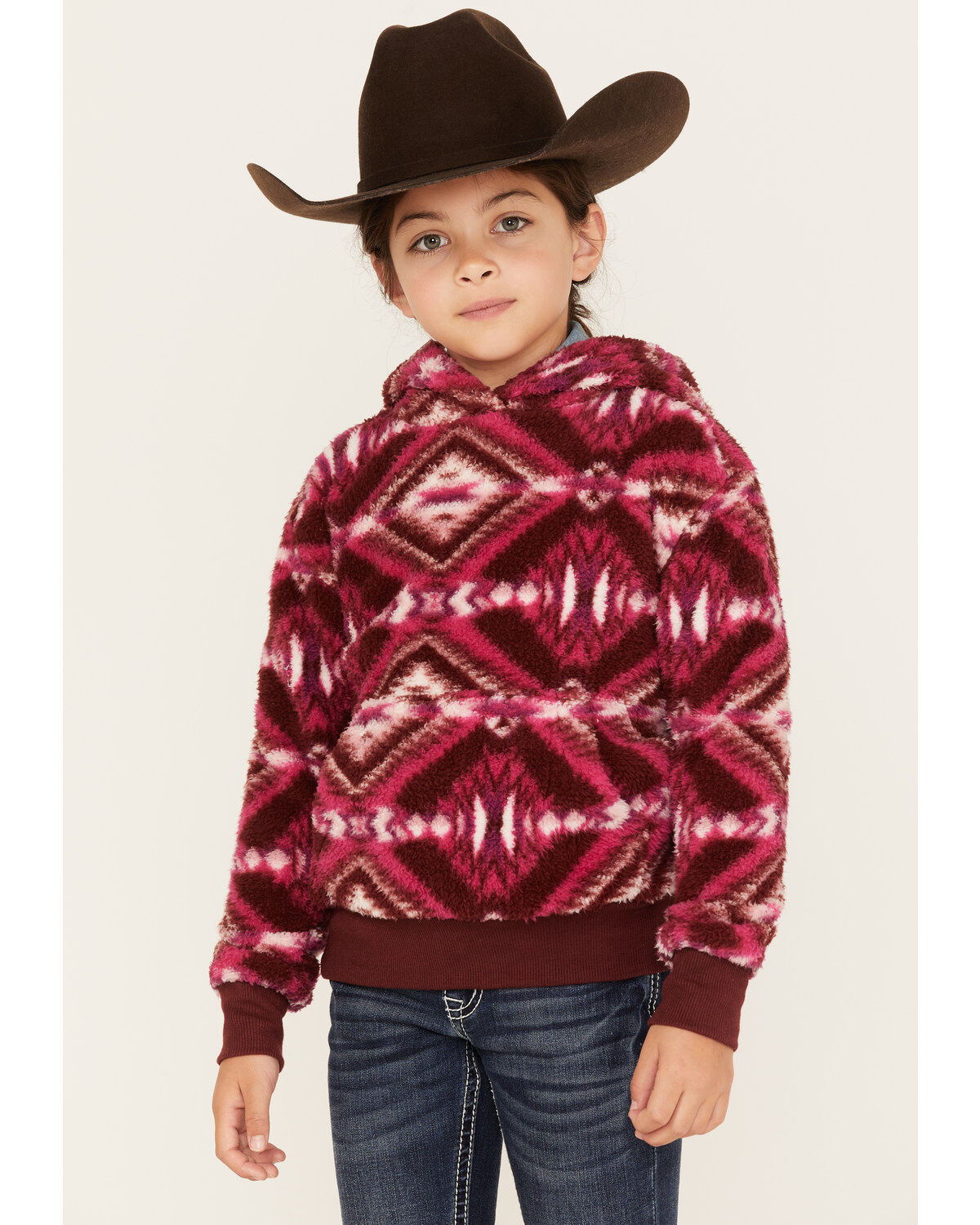 Shyanne Girls' Southwestern Print Fleece Hoodie, Wine, hi-res