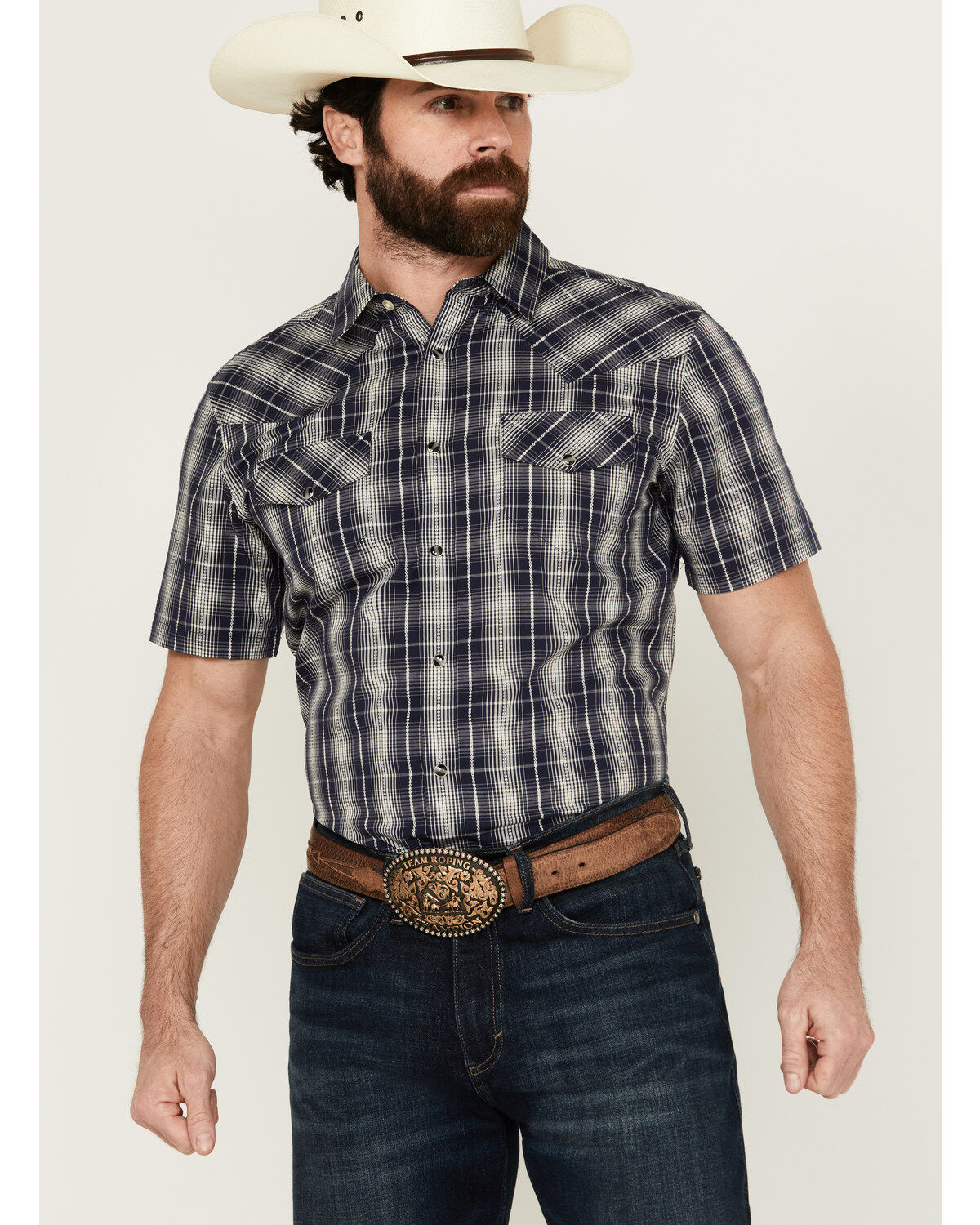 Gibson Men's Chain Link Plaid Print Short Sleeve Snap Western Shirt, Navy, hi-res