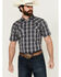 Image #1 - Gibson Men's Chain Link Plaid Print Short Sleeve Snap Western Shirt , Navy, hi-res