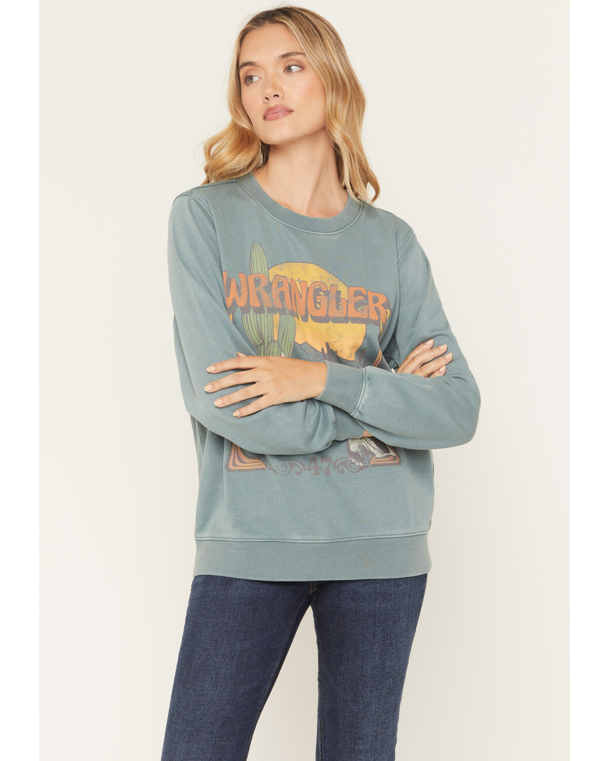 Image #1 - Wrangler Women's Desert Graphic Crew Neck Sweatshirt, Teal, hi-res
