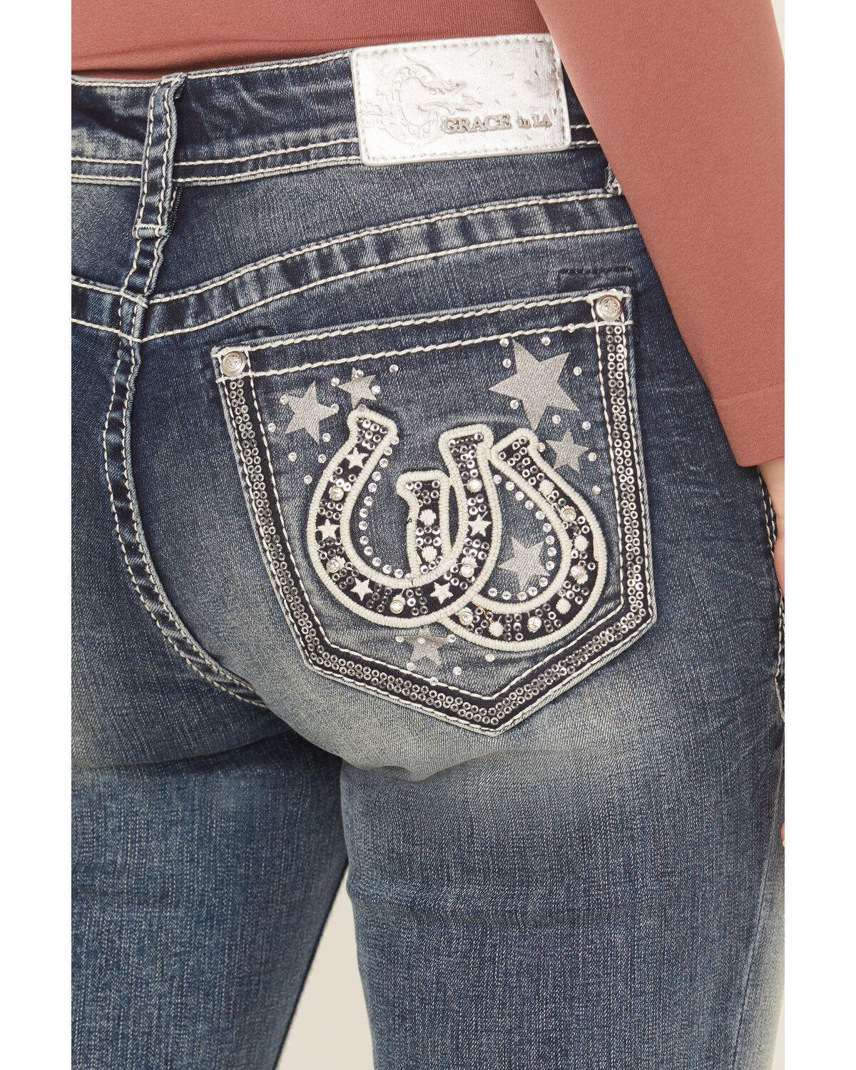Image #2 - Grace In LA Women's Medium Wash Mid Rise Star Horseshoe Bootcut Stretch Denim Jeans, , hi-res