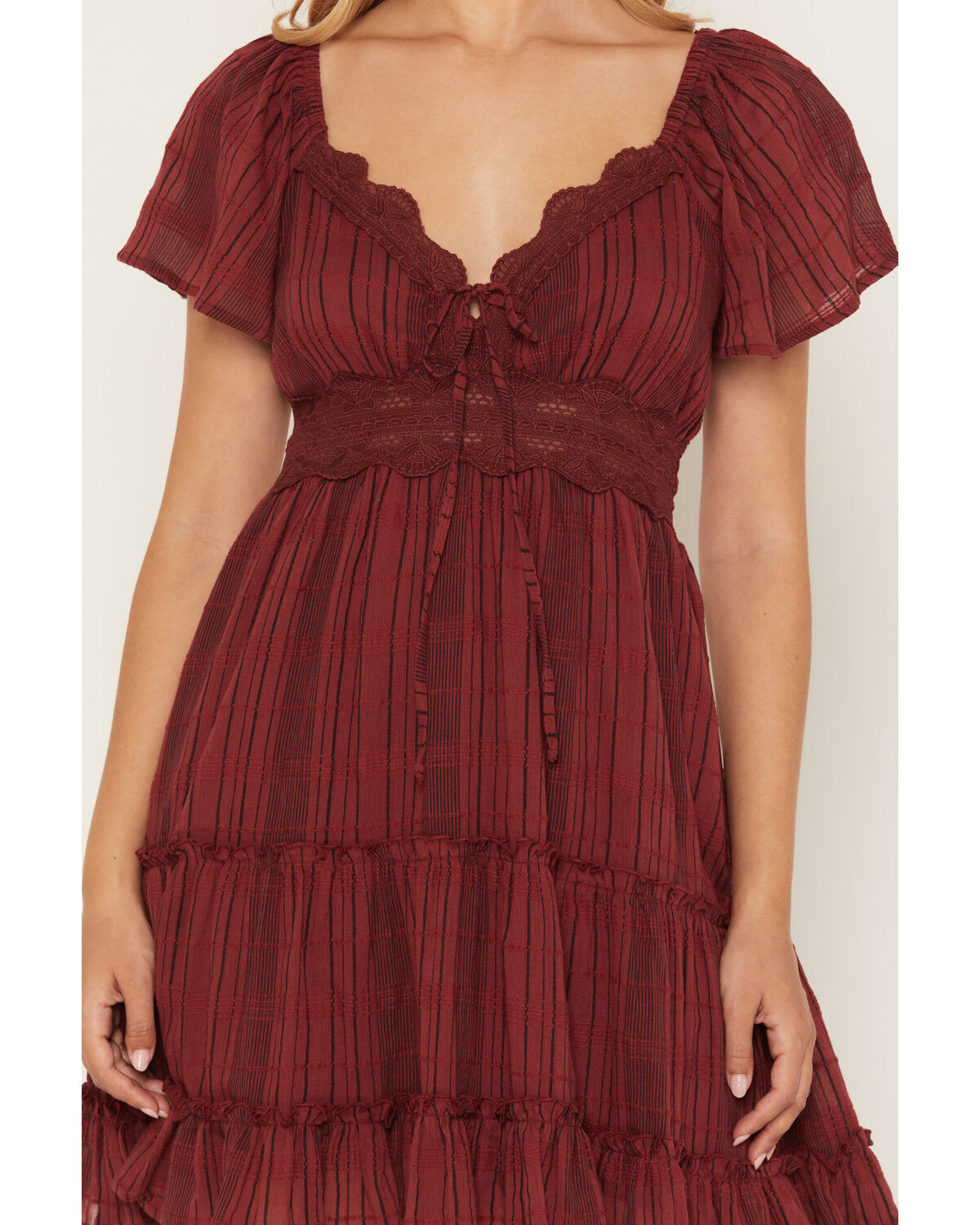 Image #3 - Wild Moss Women's Short Sleeve Lace Trim Tiered Mini Dress, Rose, hi-res
