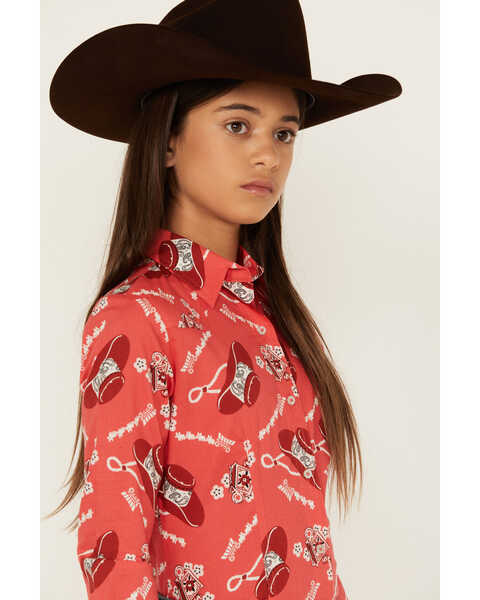 Image #2 - Cruel Girl Girls' Conversation Print Long Sleeve Button-Down Western Shirt , Coral, hi-res