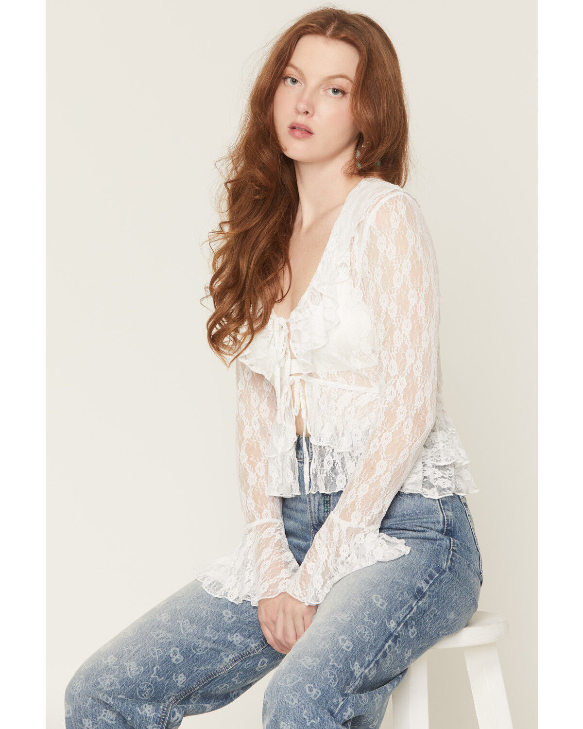 Ash & Violet Women's Lace Tie-Front Long Sleeve Top, White, hi-res