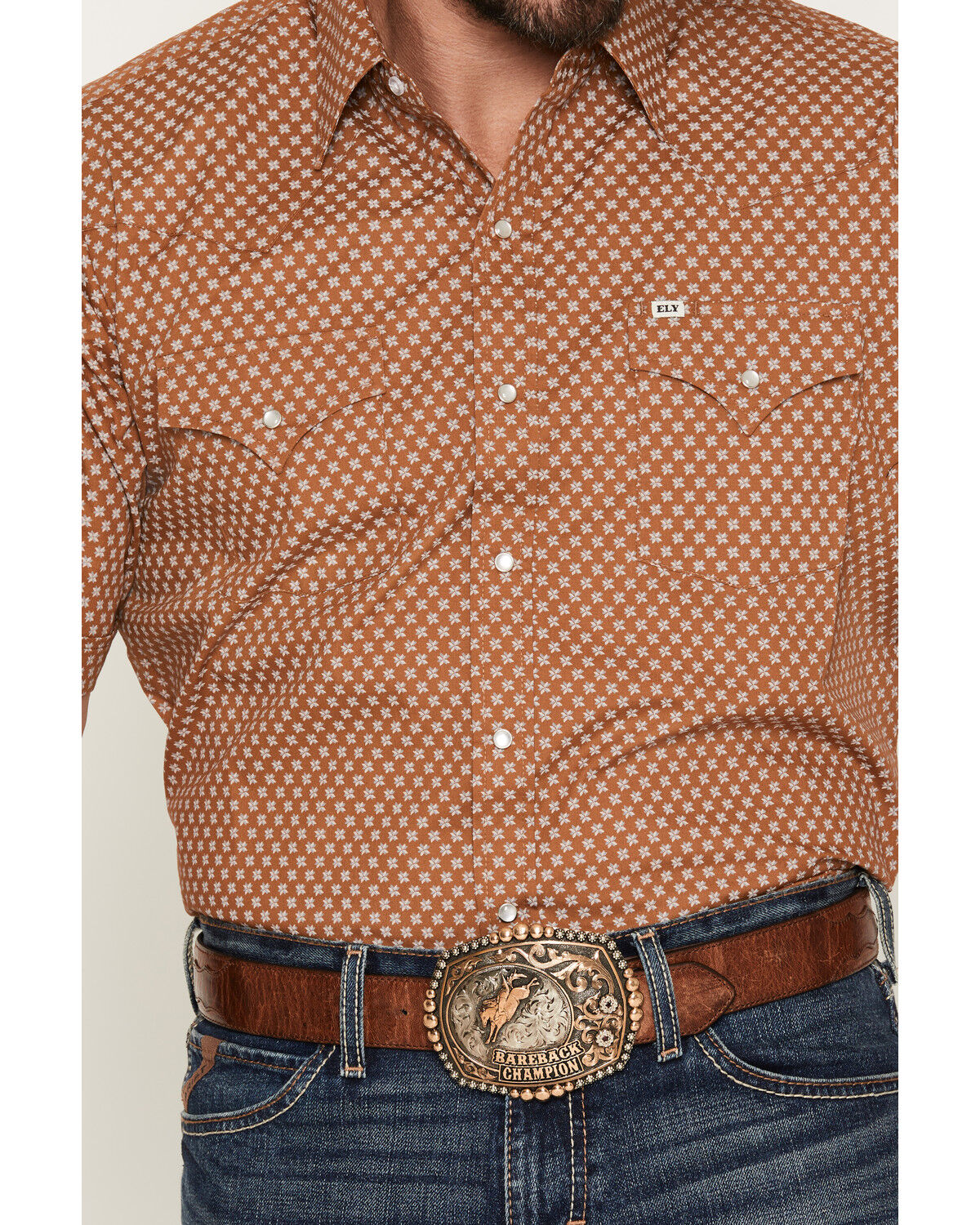 Image #3 - Ely Walker Men's Geo Print Short Sleeve Pearl Snap Western Shirt, Tan, hi-res