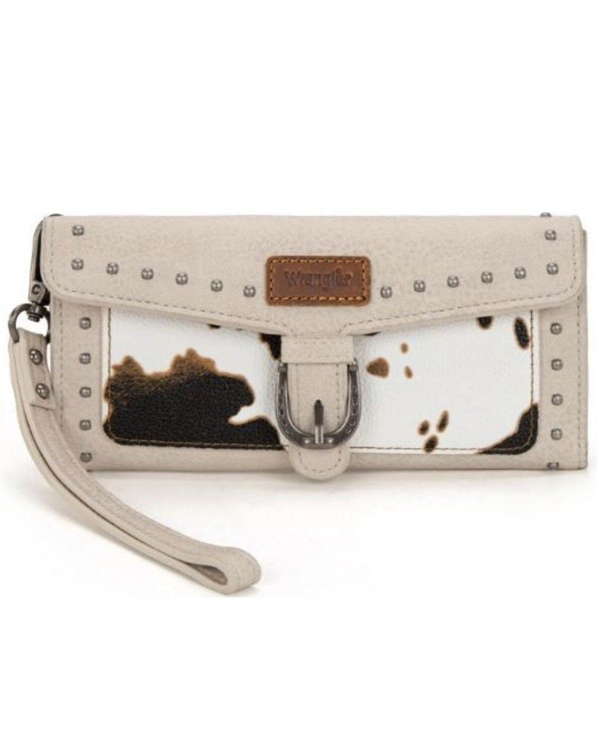 Image #1 - Wrangler Women's Cow Print Tri-Fold Wristlet Wallet, Beige, hi-res