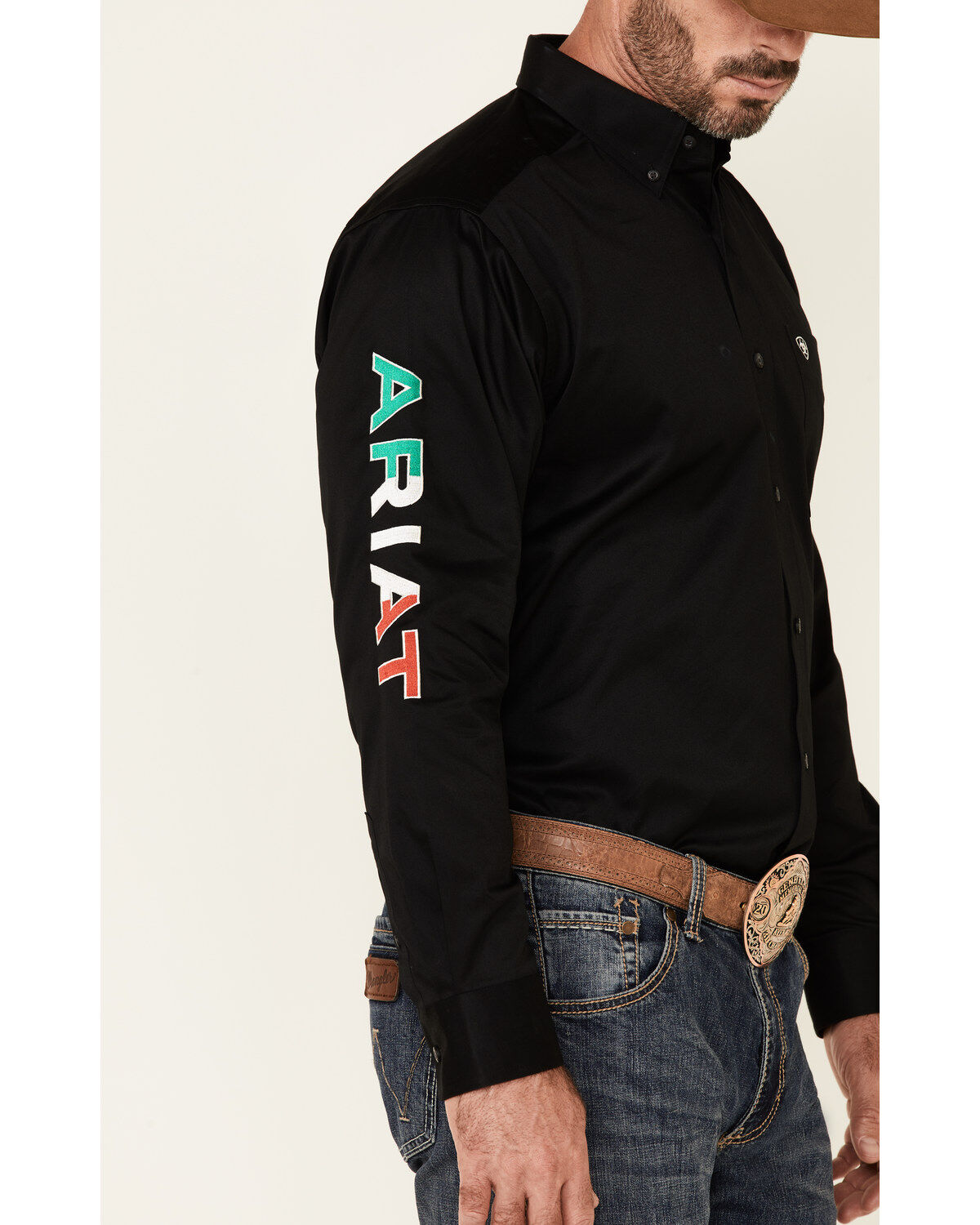 Image #1 - Ariat Men's Solid Team Mexico Logo Long Sleeve Button-Down Western Shirt, Black, hi-res