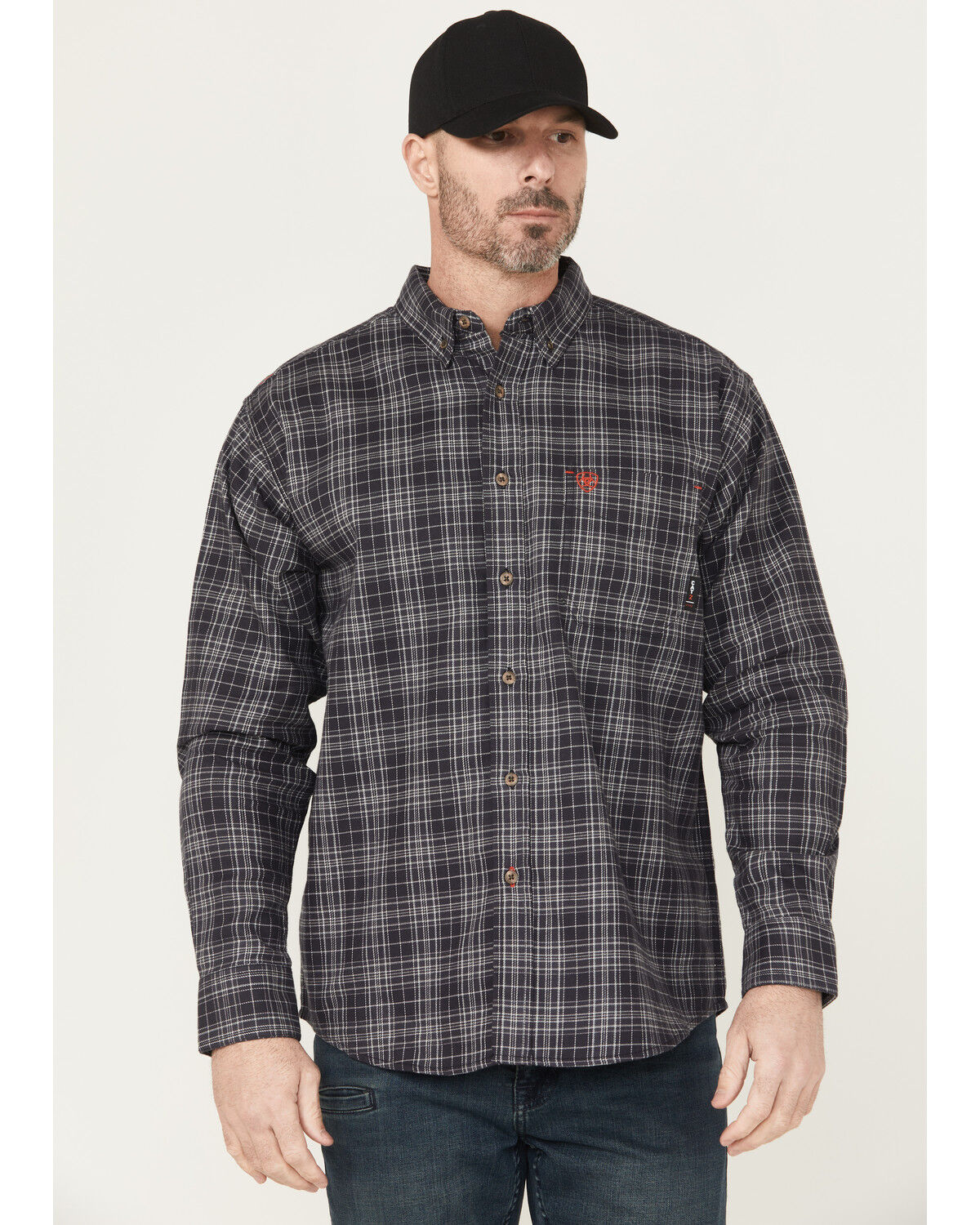 Image #1 - Ariat Men's FR Brando Plaid Print Long Sleeve Button-Down Work Shirt, Black, hi-res