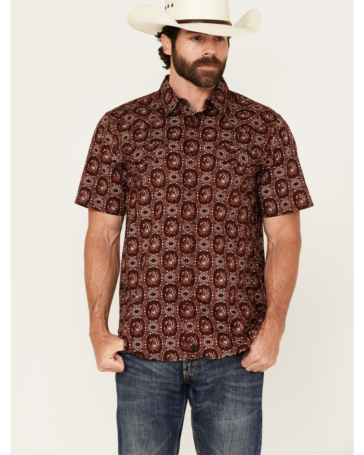 Image #1 - Moonshine Spirit&reg; Men's Gig Medallion Print Short Sleeve Snap Western Shirt, Burgundy, hi-res