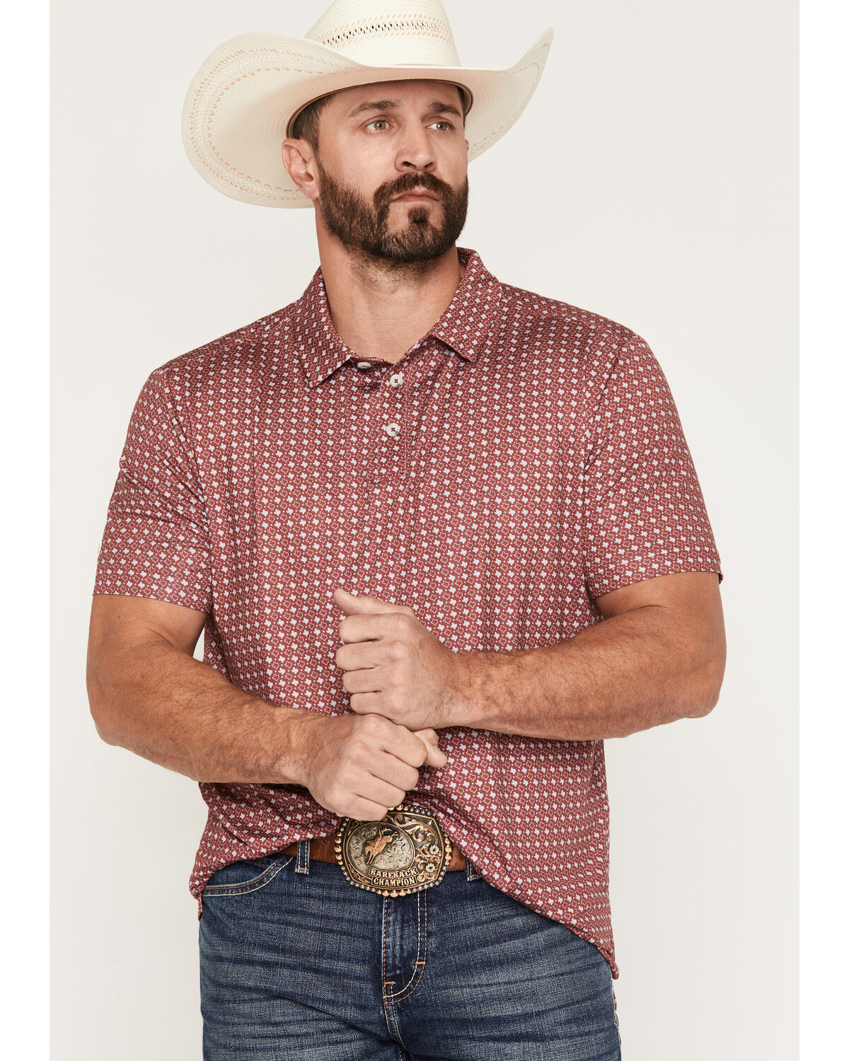 Burlebo Men's Texas Short Sleeve Button-Down Performance Polo Shirt, Maroon, hi-res