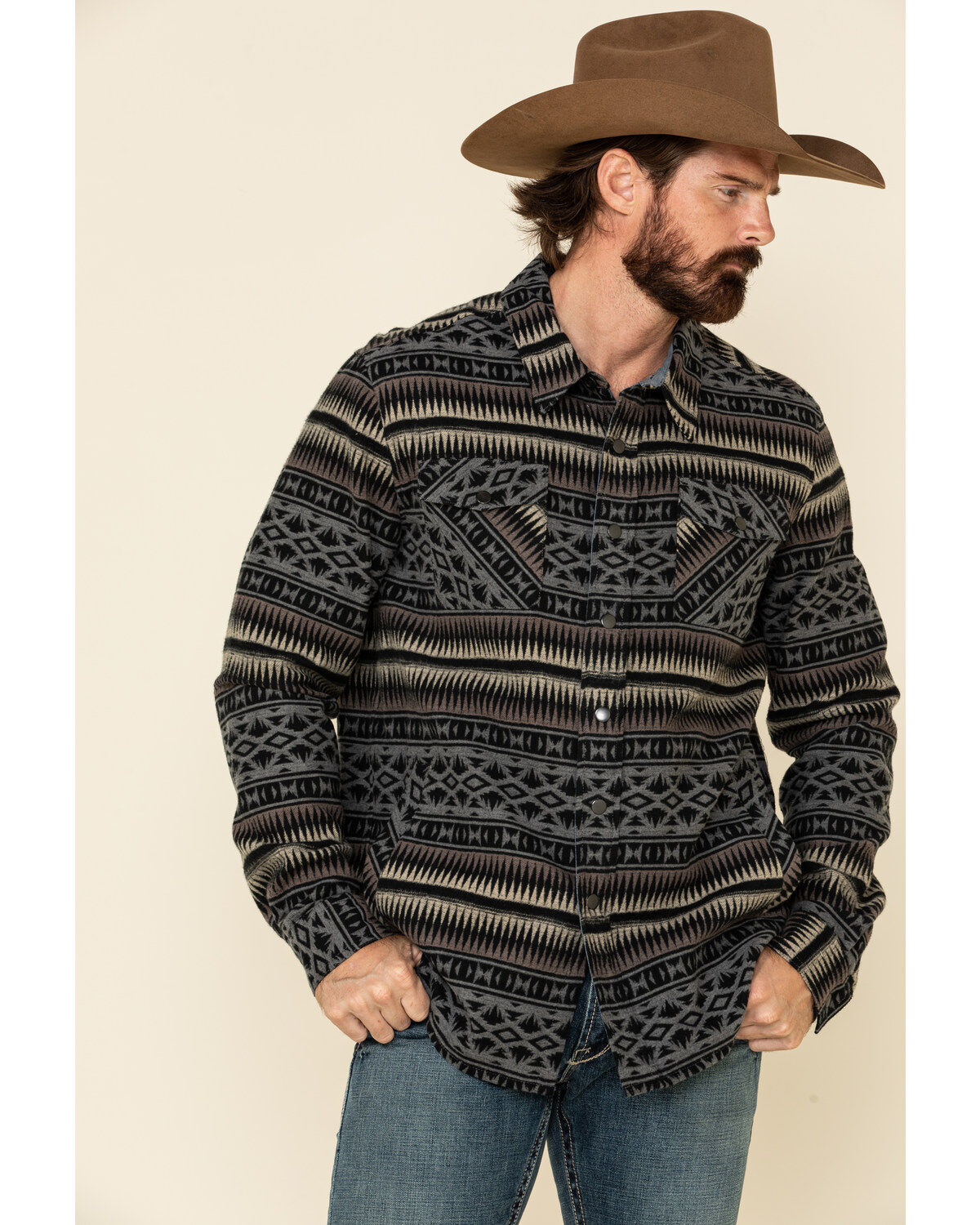 Image #1 - Rock & Roll Denim Men's Jacquard Southwestern Print Border Jacket, Grey, hi-res