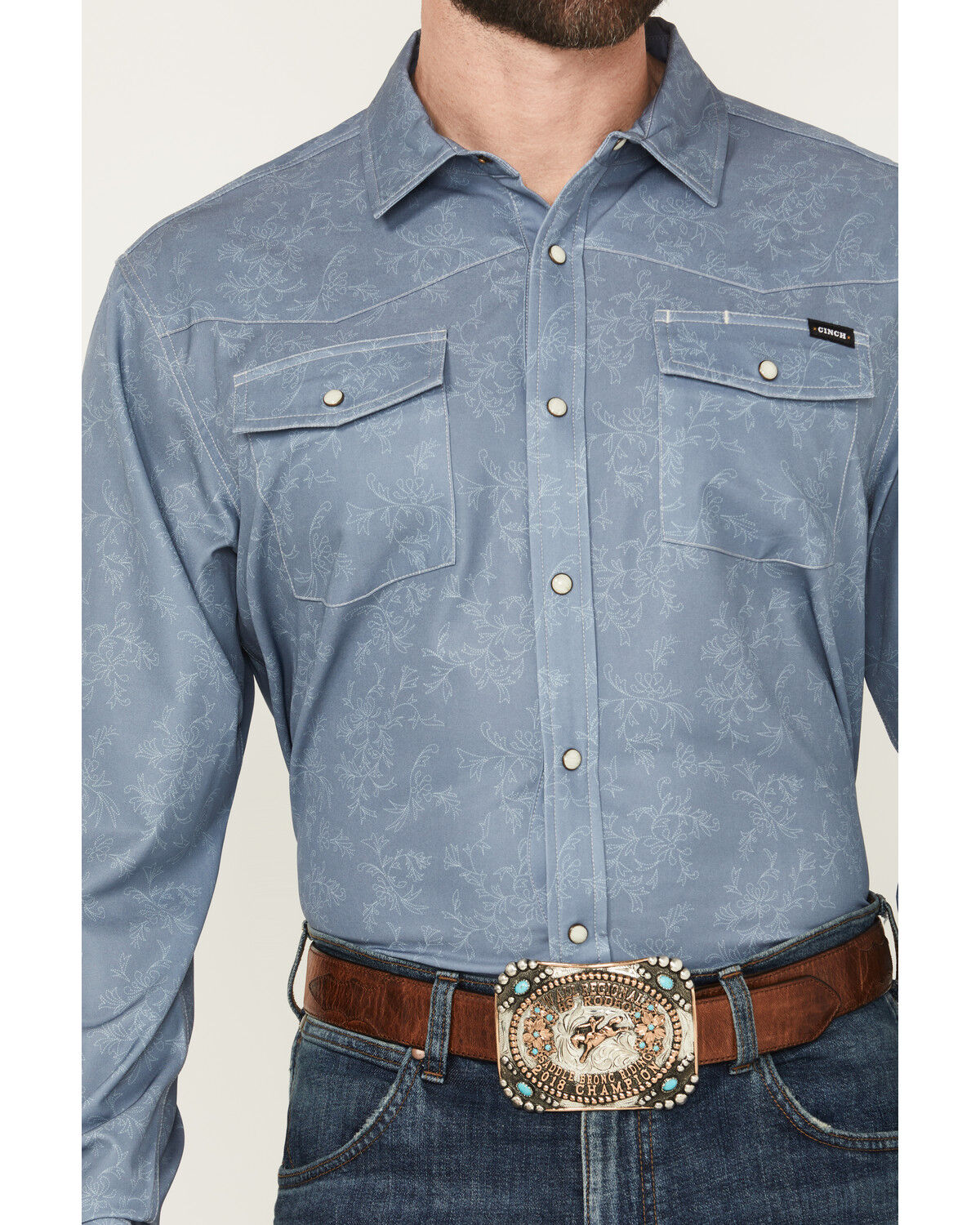 Image #3 - Cinch Men's Tonal Floral Arenaflex Long Sleeve Snap Performance Western Shirt, Blue, hi-res
