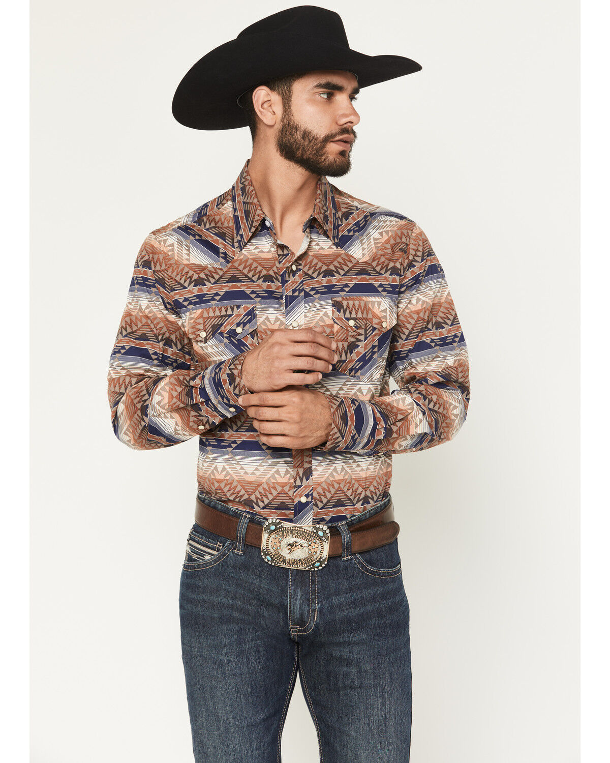 Rock & Roll Denim Men's Southwestern Print Long Sleeve Snap Stretch Western Shirt, Tan, hi-res