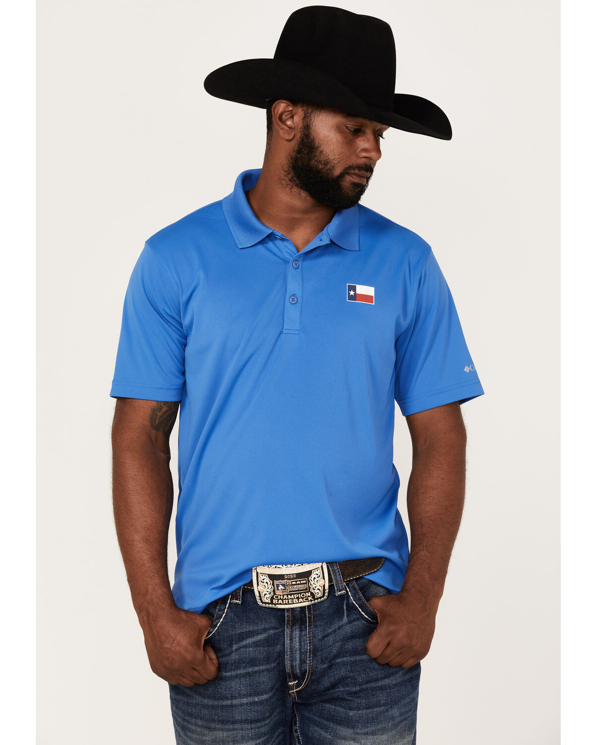 Image #1 - Columbia Men's Terminal Tackle Texas Flag Polo Shirt, Bright Blue, hi-res