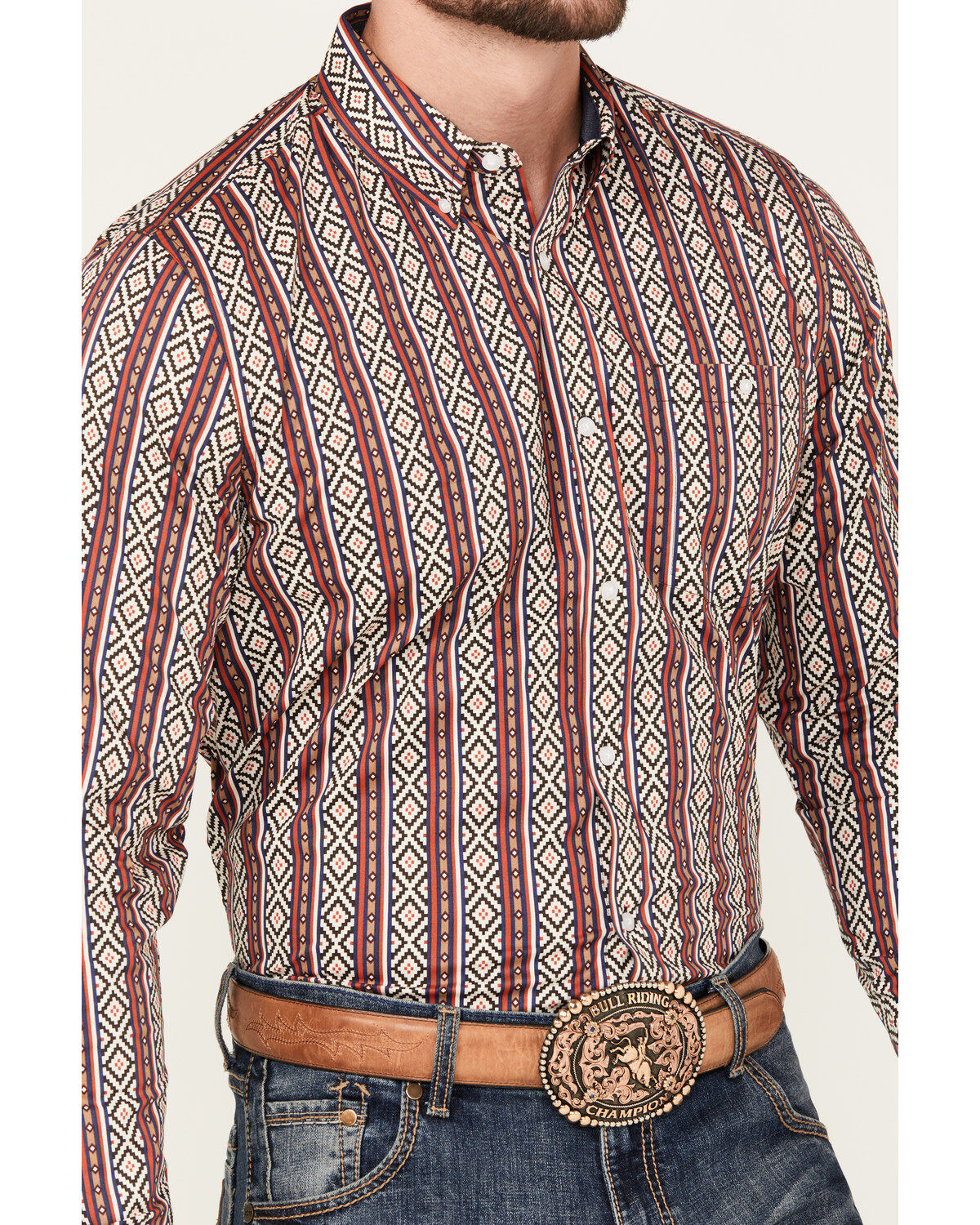 Image #3 - RANK 45&reg; Men's Pattison Southwestern Striped Print Long Sleeve Button-Down Western Shirt, Cream, hi-res