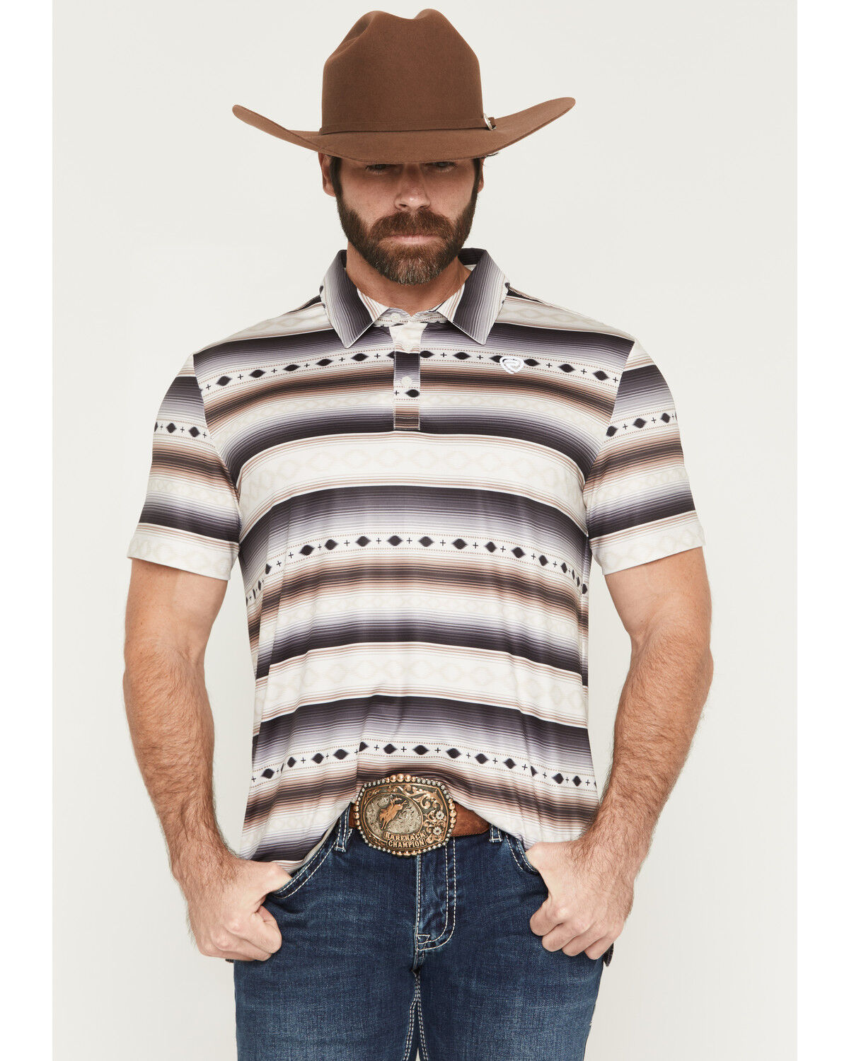 Rock & Roll Denim Men's Southwestern Striped Short Sleeve Button-Down Polo, Natural, hi-res