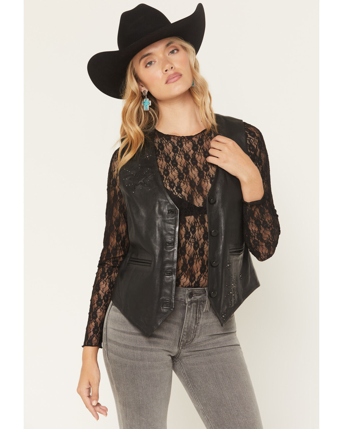 Mauritius Leather Women's Boot Barn Exclusive Star Studded Button Front Vest, Black, hi-res