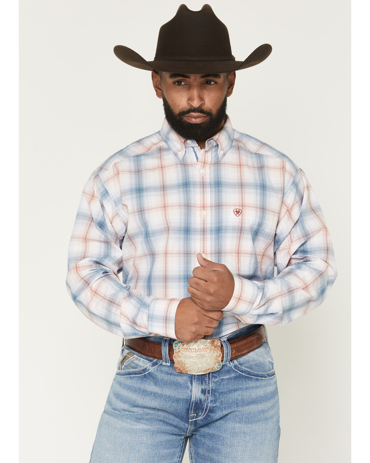 Image #1 - Ariat Men's Pro Series Teddy Plaid Print Long Sleeve Button-Down Western Shirt, White, hi-res