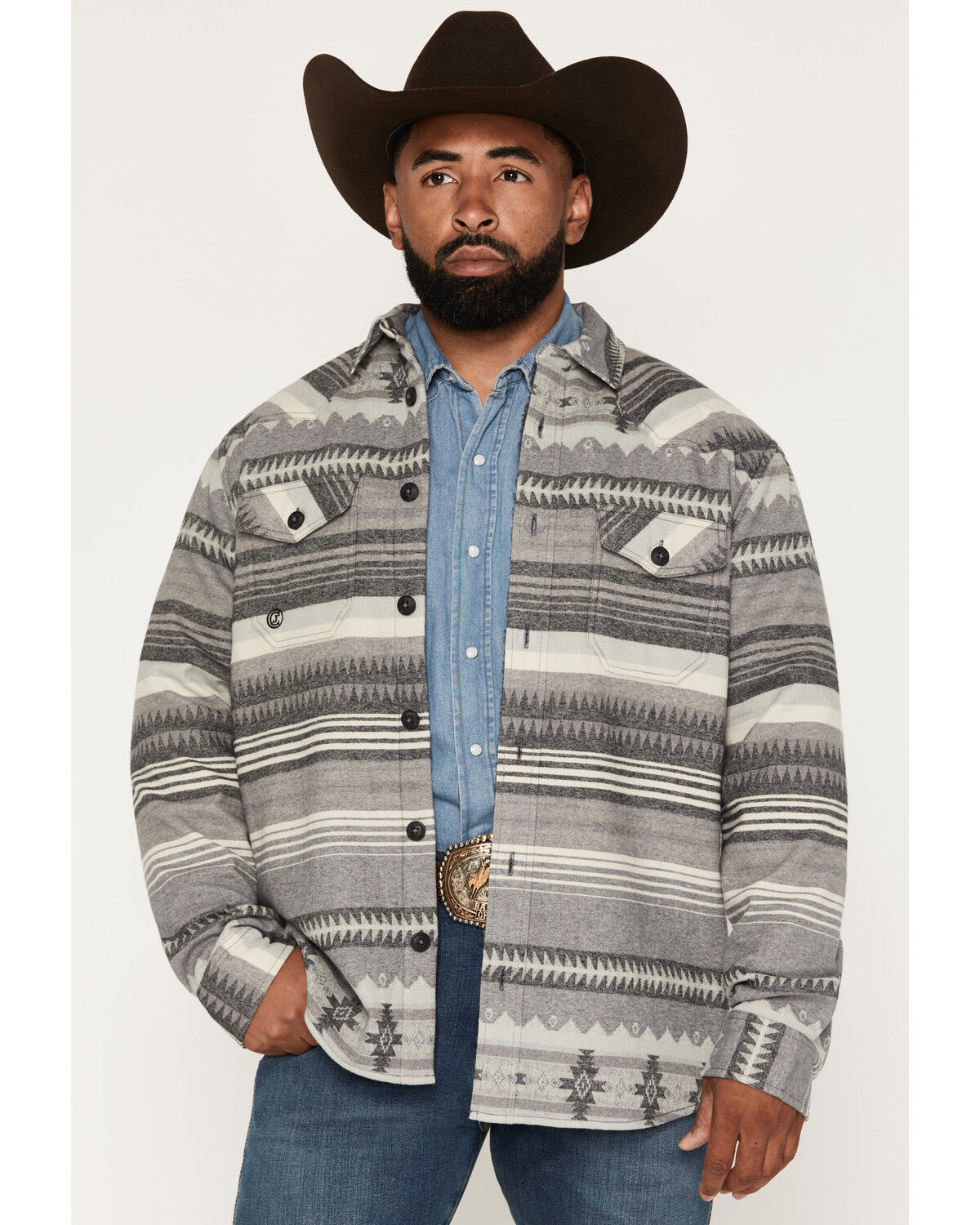 Image #1 - Cody James Men's Cowpoke Southwestern Striped Sherpa Lined Shirt Jacket, Charcoal, hi-res